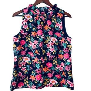 J Crew Factory Navy Blue Multi Color Bright Floral Ruffle Neck Top Blouse Size S